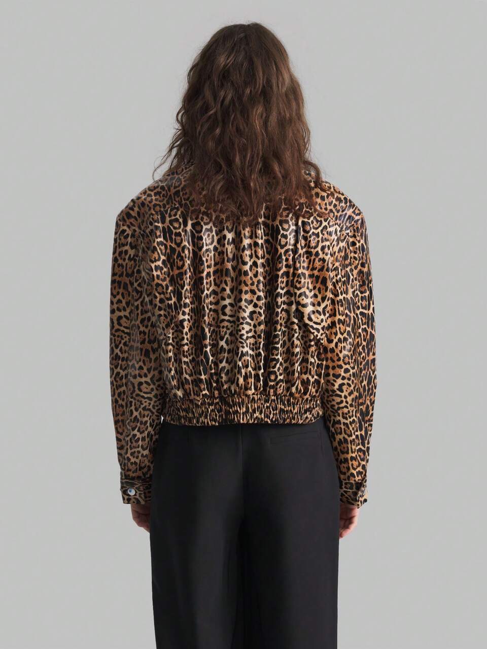 Leopard Print PU Leather Pocket Decor Casual Long Sleeve Jacket