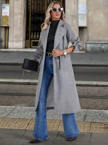 SHEIN Clasi Áo khoác nữ màu trơn thanh lịch có dây rút ở eo và tay bo gấu, mùa thu/đông - Màu xám đen - Xem 6