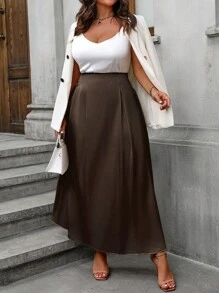 SHEIN Unity Plus Size Satin Elegant Women Skirt Maxi Women - Coffee Brown - View 3