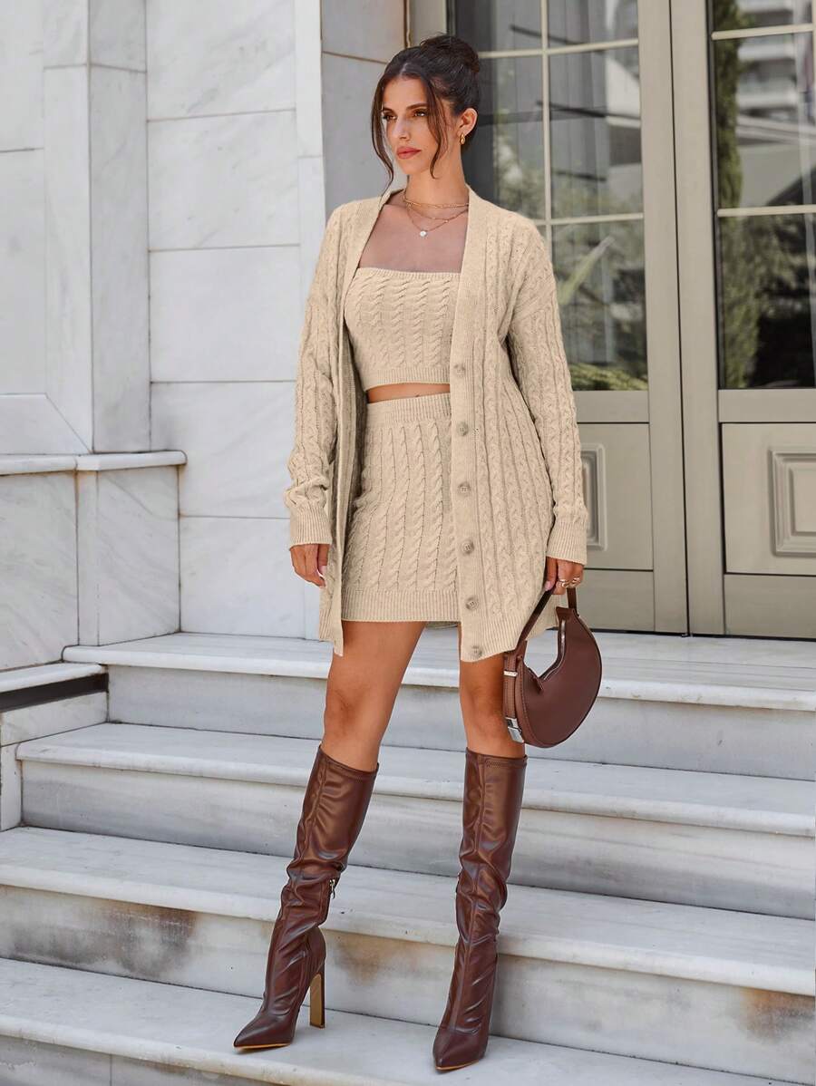 RueChic Bộ áo len dệt kim toàn bộ, váy và áo len cardigan thiết kế cho nữ - màu nâu - Xem 1