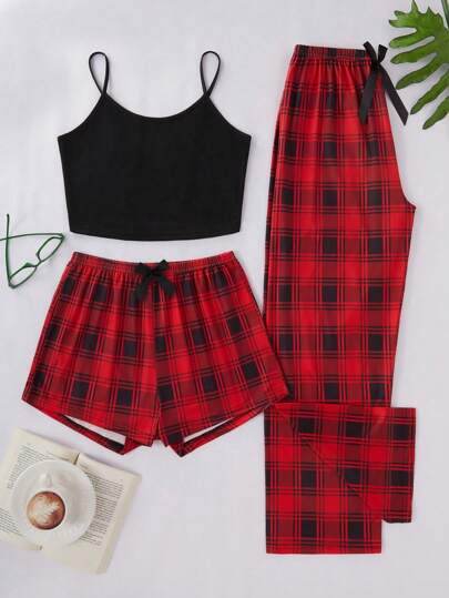 Set: Spaghetti Strap Top, Bow Plaid Printed Shorts Pants, view 5