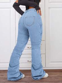 SHEIN ICON Front Button Simple Pleated Relaxed Fit Flared Leg Jeans - Light Wash - View 2