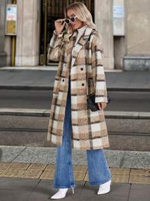 SHEIN LUNE 女士秋冬立领长袖双排扣长款格子羊毛保暖外套 - 彩色 - 查看 1