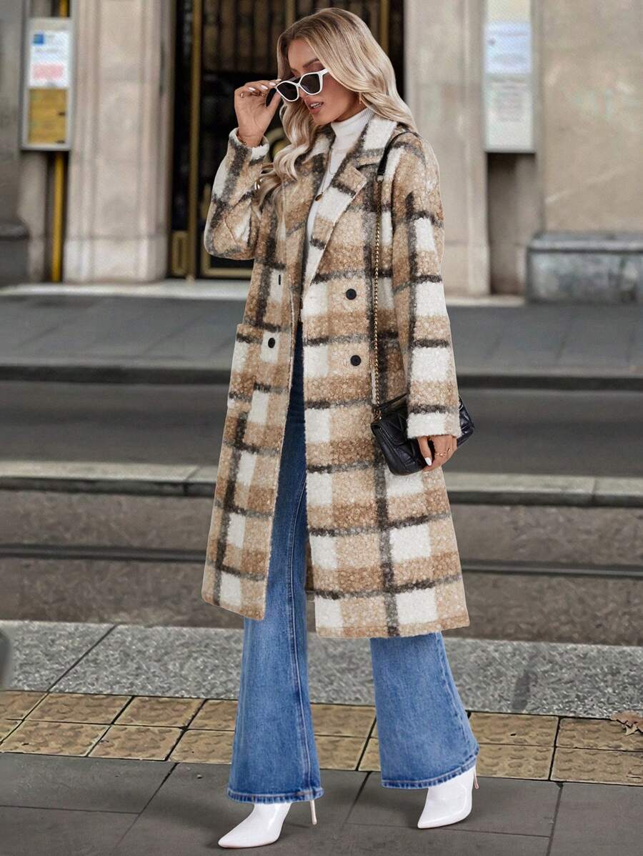 SHEIN LUNE 女士秋冬立领长袖双排扣长款格子羊毛保暖外套 - 彩色 - 查看 1