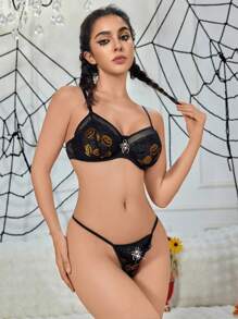 2 件装蜘蛛吊坠蕾丝钢圈聚拢内衣套装（开裆）女士万圣节 - 彩色 - 查看 3