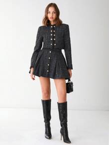 Enchnt Spring/Summer Romantic Women's Black Plaid Fashionable Metal Buttons Decor Long Sleeve Fringe Casual Tweed Jacket,Sweet&Elegant Outfit For Party And Sweet Date Night &Holiday & Graduation Dress&Daily Commuting&Vacation - Black - View 6