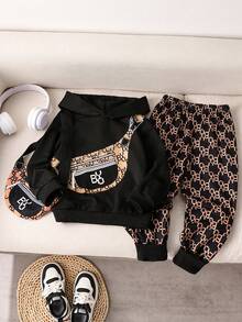 3pcs/Set Young Boy Hoodie Sweatshirt, Sports Pants & Bag Casual Cute Comfortable Streetwear Fall/Spring Outfit - Black - View 4