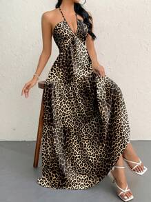SHEIN Privé Women's Leopard Print Backless Long Dress,Dress,Floral Print Halter Neck A-Line Dress,Summer Long Dress, Seaside Long Dress, Women Long Dress, Backless Long Dress ,Hawaiian Long Dress For Daily,Parties,Dating,Wiesn Bierfest,Summer - Multicolor - View 3