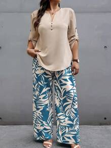 EMERY ROSE 2 件大码 V 领纽扣前长袖上衣和全身印花长裤套装 - 随机印花 - 彩色 - 查看 4