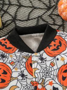 SHEIN Infant/Toddler Halloween Pumpkin Print Zip-Up Long Sleeve Jacket For Baby Boys/Girls, Autumn/Winter - Multicolor - View 3