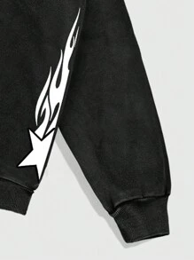 ROMWE MEN Street Life 男士字母印花长袖休闲宽松保暖内衬连帽运动衫秋冬季 - 黑色 - 查看 3