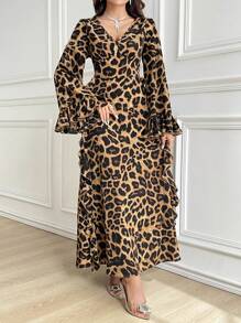 Modelyn V-Neck Leopard Print Ruffle Hem Long Sleeve Arabian Modest Dress Long Evening Dresses - Brown - View 4