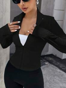 SHEIN EZwear 秋冬女士纯色前拉链长袖休闲简约夹克