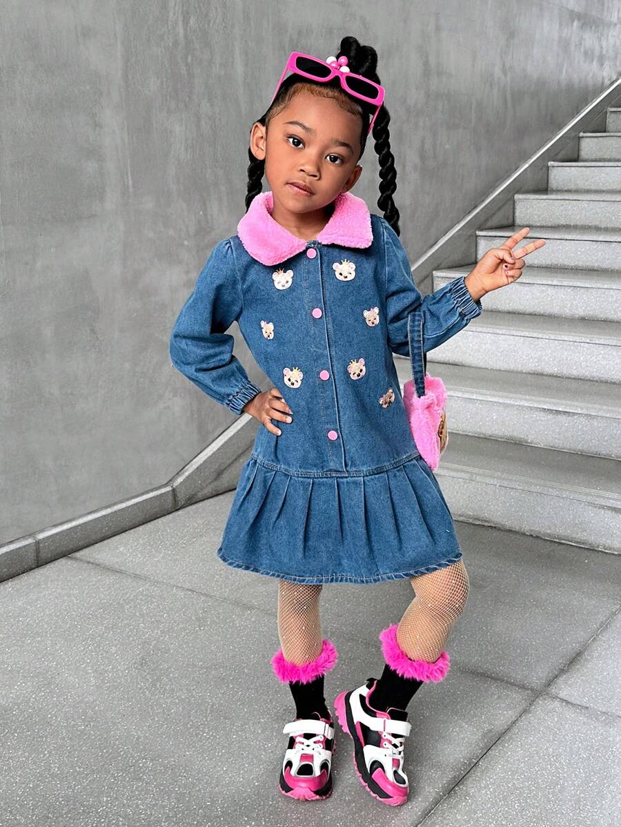 SHEIN Explorewe Young Girls Long Sleeve Belted Fluffy Collar Patchwork Washed Real Denim Fashion Dress With Bear Embroidery Pleated Hem, Suitable For Autumn And Winter - Multicolor - View 1