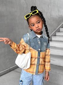 SHEIN Explorewe Young Girls Long Sleeve Plaid Patchwork Distressed Denim Loose Fit Pockets Button Down Casual Shirt - Multicolor - View 5