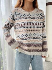 SHEIN EZwear Women's Loose Fit Geometric Pattern Crew Neck Drop Shoulder Long Sleeve Casual Sweater, Autumn Fall Winter,Long Sleeve Tops - Multicolor - View 6