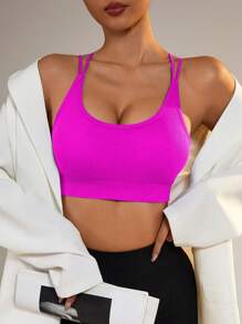 Gameset SHEIN Sport Seamless Solid Color Round Neck Backless Sports Bra - Hot Pink - View 4