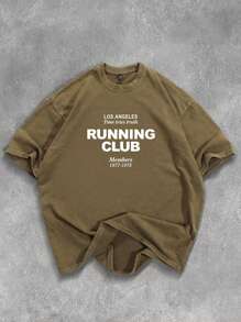 Manfinity EMRG Camiseta holgada de uso diario casual con cuello redondo, manga corta y estampado de letras, popular - Marrón - Ver 1