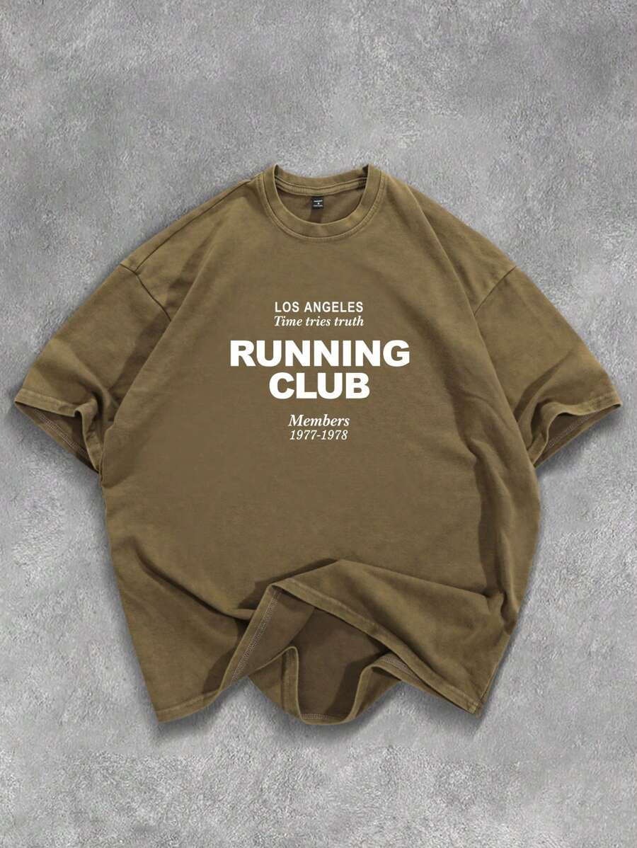 Manfinity EMRG Camiseta holgada de uso diario casual con cuello redondo, manga corta y estampado de letras, popular - Marrón - Ver 1