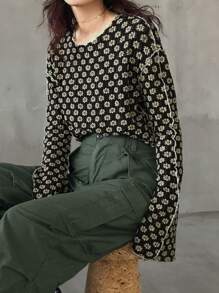 FRIFUL 女式花卉印花纹理喇叭袖长袖 T 恤，返校服装