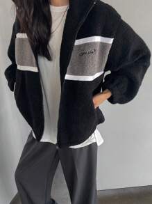 DAZY Chaqueta gruesa de mujer con forro polar, bordado de letras y contraste de colores, ropa de otoño