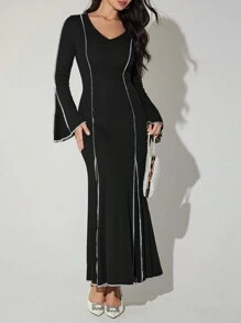 Modelyn Đầm dạ hội dài tay thanh lịch cổ chữ V phối màu cho nữ - Đen và trắng - Xem 7