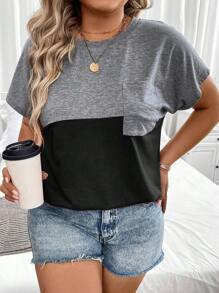 SHEIN LUNE 大码女式夏季拼色口袋圆领短袖休闲 T 恤图案 T 恤女式上衣 - 黑色 - 查看 3