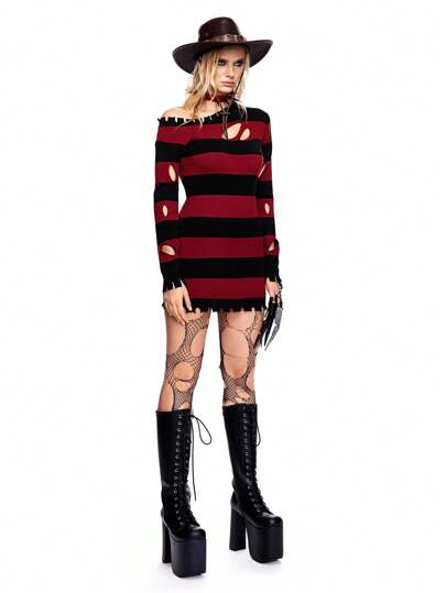 Grunge Punk Women's Long Sleeve Ripped Striped Pullover Sweater, Autumn & Winter