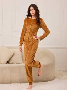Pijama con capucha de manga larga en color marrón moca, ropa deportiva linda para mujer - Marrón Mocha - Ver 10