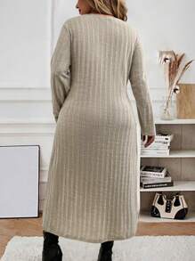 SHEIN LUNE 舒适纹理罗纹针织面料修身 V 领大码连衣裙冬装