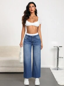 SHEIN Essnce Front Button Multi-Pocket Simple Denim Jeans For Casual Daily Wear - Light Wash - View 1