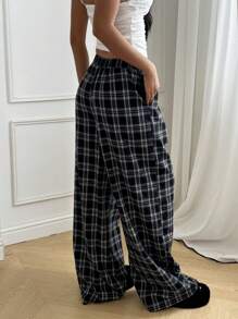 CovetEZ Pantalones holgados de talla grande para mujer con cordón en la cintura y estampado de cuadros, aptos para otoño/invierno