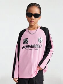 SHEIN Tween-Mädchen Herbst Athleisure Hot Pinks Preppy Streetwear Sportswear Blockcore Sport Oversized T Shirt - Verschiedenfarbig - Übersicht 4