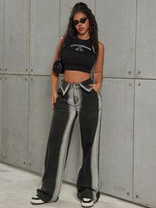 Y2K Retro High Waist Flared Pockets Straight Leg Contrast Color Jeans Spring Casual Black - Black - View 4