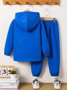 SHEIN 2 件套年轻男孩休闲复合保暖内衬可拆卸连帽拉链运动衫和宽松抽绳裤，春夏秋冬装 - 藍色 - 查看 8