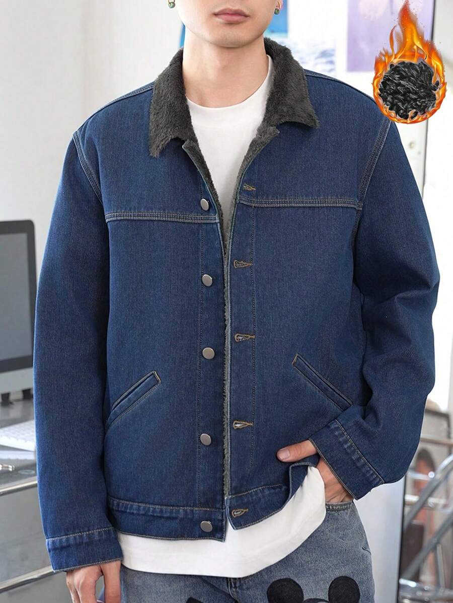 Claim Dot Chaqueta vaquera informal desgastada de tela vaquera oscura con forro térmico para hombre, apta para otoño e invierno, para vacaciones, regalo para el novio - Azul lavado oscuro - Ver 1
