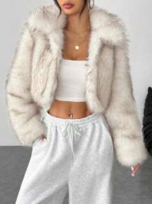 SHEIN PETITE Plush Gradient Women's Fake Fur Jacket, Cropped Style, Warm And Suitable For Autumn And Winter - White - View 7