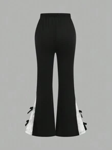 Teen Girl Elegant High Waist Lace Patchwork Flared Pants With Bow Detail, Fashion Sweet Flare Leg Trousers - Black - View 2