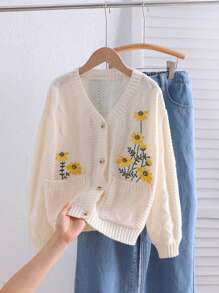 SHEIN Leap Crew Tween 女童休闲针织 V 领长袖刺绣开衫 - 杏色 - 查看 1