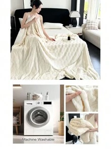 1pc Thick Jacquard Woven Blanket In Long Stripe Design, Provides Cozy And Comfortable Sleep Experience - White - View 3