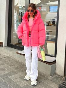 EURMUSE DAZY Solid Zip Up Big Hooded Puffer Thick Winter Coat - Pink - View 5
