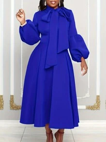 女式立领系带灯笼袖褶皱 A 字连衣裙 - 寶藍色 - 查看 1