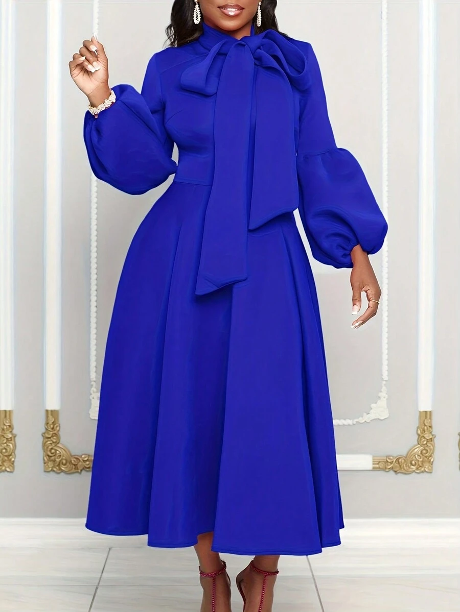 女式立领系带灯笼袖褶皱 A 字连衣裙 - 寶藍色 - 查看 1