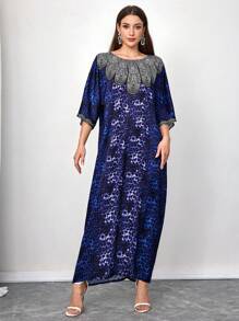 Al Najma Women's Round Neck Sequin Panel Batwing Sleeve Elegant Abaya, Modest Party Maxi Full Length Abayas, For Evening Party/Wedding Guest/Anniversary/Daily - Blue - View 3