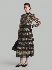 Ontre Vestido elegante de dama para cóctel de manga larga con mezcla de estampado de leopardo marrón y volantes de manga larga negra de gasa