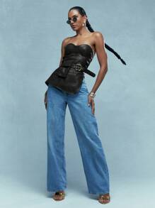 MISSGUIDED 不对称下摆仿皮抹胸上衣，配腰带和钱包 - 黑色 - 查看 5