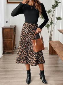 SHEIN LUNE Falda estampado de leopardo elegante y casual para mujer, otoño/invierno - Multicolor - Ver 5