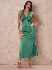 Glamine Deep V Twisted Backless Cross-Slit Ladies Satin Party Dress Long Dress - Champagne - View 3