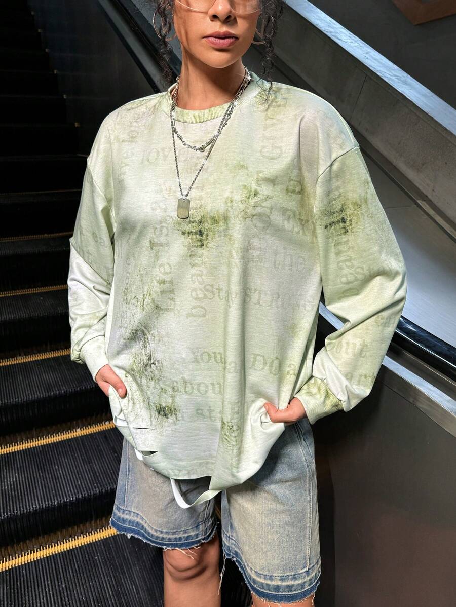 Caro Terranova Artist Y2K Streetwear Casual Loose Fit Ripped Distressed Sweatshirt, For Holiday, Vacation, Spring, Festival, For Workout, Ibiza Fits, Western Wear