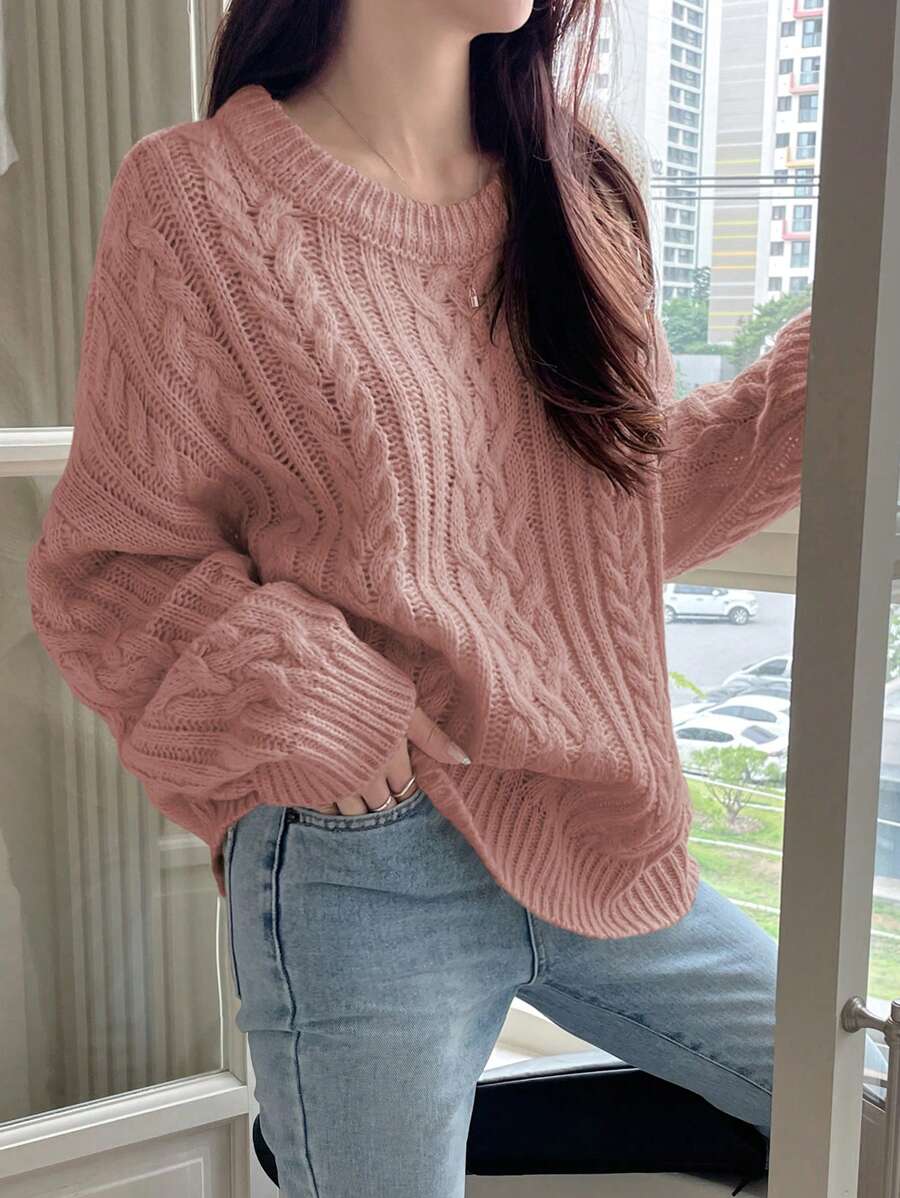 DAZY 休闲宽松纯色落肩毛衣，秋冬，秋季女装 - 粉色 - 查看 1